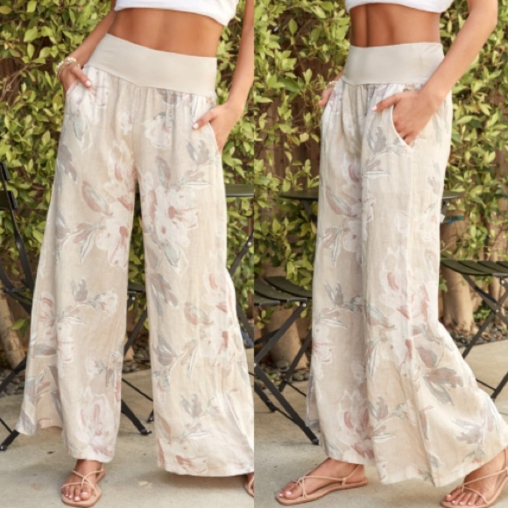 Effortlessly Chic Stretch Waistband Floral Flowy Linen Wide Leg Relaxed Pant